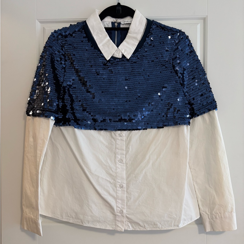 PRE-OWNED English Factory Blue Sequin Overlay White Button-Up Shirt | S